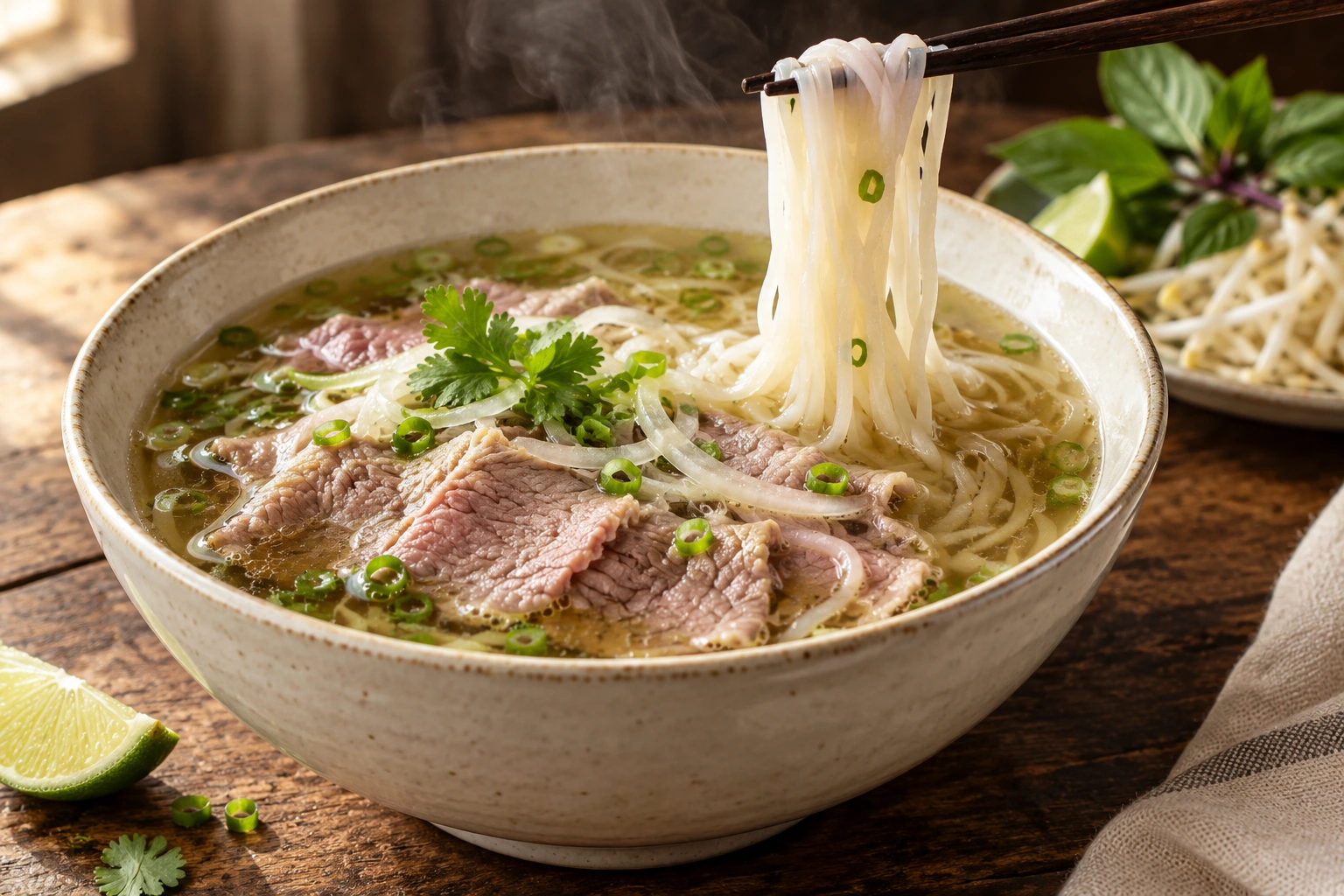 Beef phở with fresh herbs and rice noodles lifted from a steaming bowl