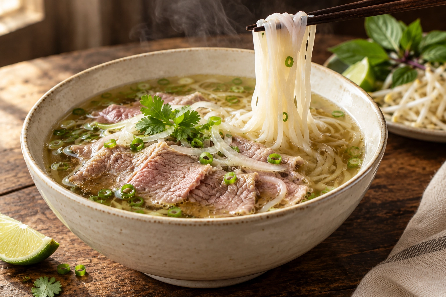Steaming beef phở with tender beef, fresh herbs and rice noodles lifted with chopsticks